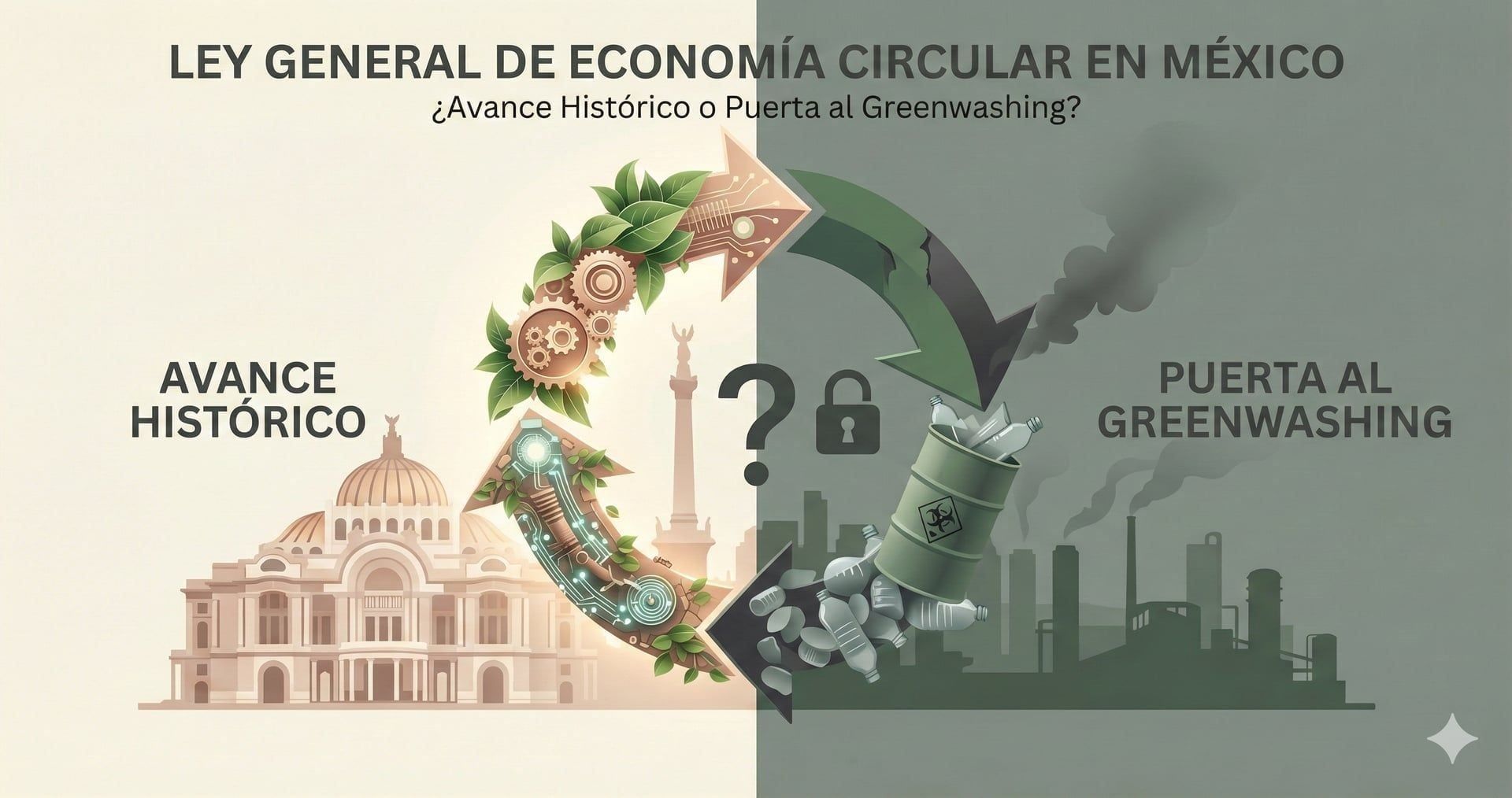 Contraste de escenarios posibles ante la emisión de la Ley General de Economía Circular en México. Fuente: Imagen generada con IA.
